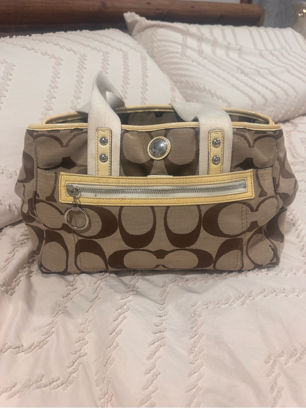 Coach Beige Daisy Signature Canvas Tote with Yellow Trim Y2K